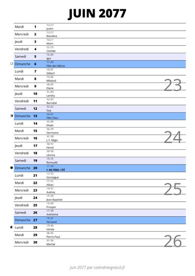 calendrier juin 2077 au format portrait pour prendre des notes