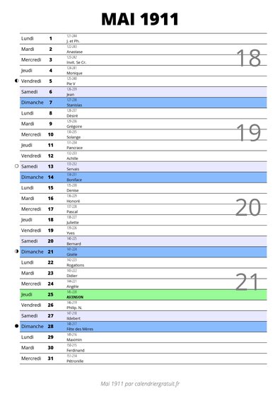 calendrier mai 1911 au format portrait pour prendre des notes