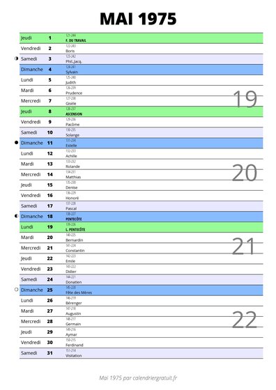 calendrier mai 1975 au format portrait pour prendre des notes