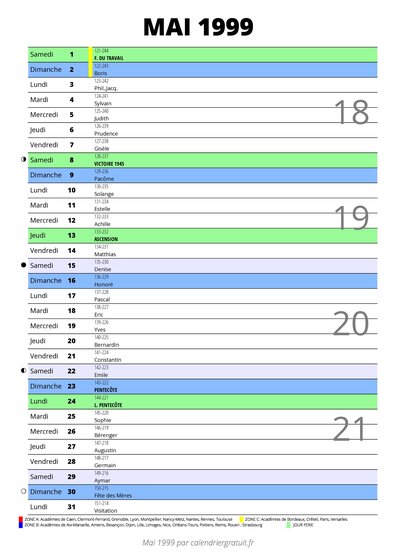 calendrier mai 1999 au format portrait pour prendre des notes