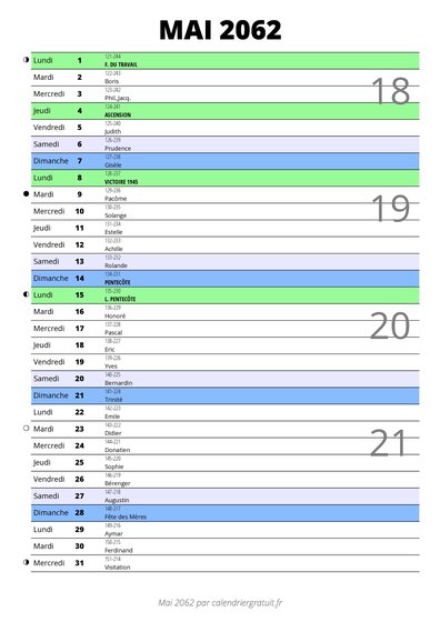 calendrier mai 2062 au format portrait pour prendre des notes