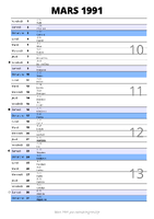 calendrier mars 1991 au format portrait pour prendre des notes