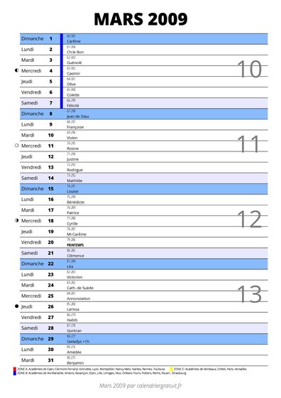 calendrier mars 2009 au format portrait pour prendre des notes