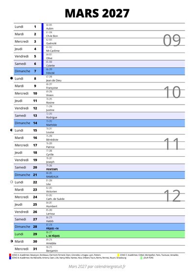 calendrier mars 2027 au format portrait pour prendre des notes
