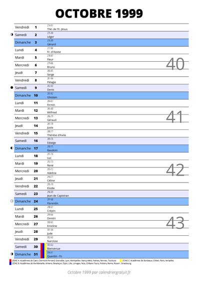 calendrier octobre 1999 au format portrait pour prendre des notes