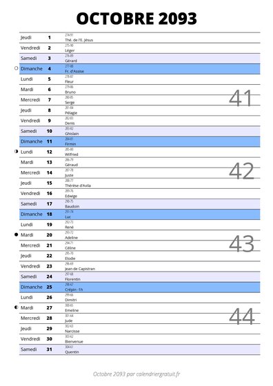calendrier octobre 2093 au format portrait pour prendre des notes