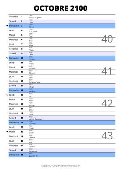 calendrier octobre 2100 au format portrait pour prendre des notes