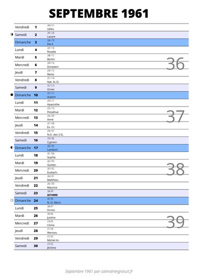 calendrier septembre 1961 au format portrait pour prendre des notes
