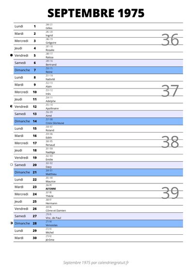 calendrier septembre 1975 au format portrait pour prendre des notes