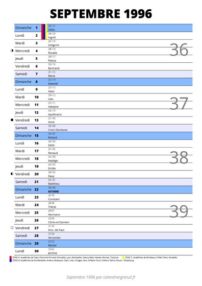 calendrier septembre 1996 au format portrait pour prendre des notes