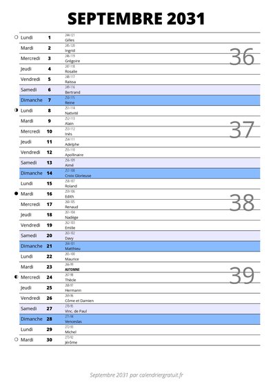 calendrier septembre 2031 au format portrait pour prendre des notes