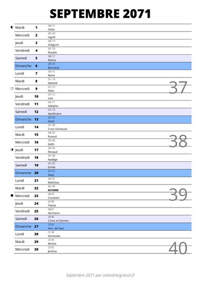 calendrier septembre 2071 au format portrait pour prendre des notes