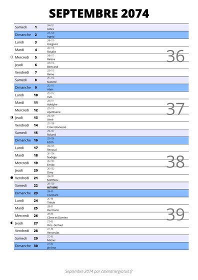 calendrier septembre 2074 au format portrait pour prendre des notes