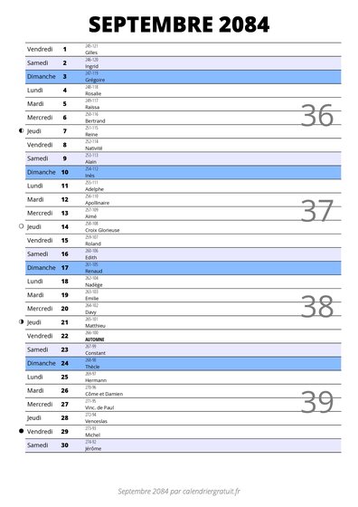 calendrier septembre 2084 au format portrait pour prendre des notes