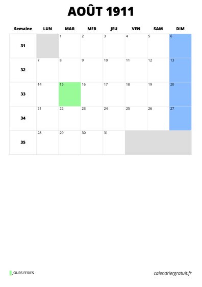 calendrier août 1911 calendrier août 1911 format portrait