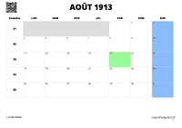 calendrier août 1913 calendrier août 1913 au format paysage