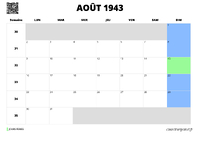 calendrier août 1943 calendrier août 1943 au format paysage