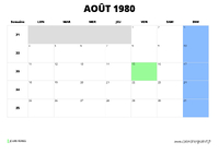 calendrier août 1980 au format paysage