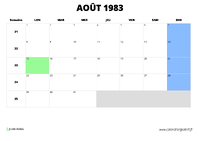 calendrier août 1983 au format paysage