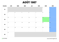 calendrier août 1987 au format paysage