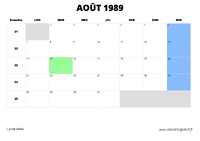 calendrier août 1989 au format paysage