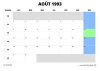 calendrier août 1993 au format paysage