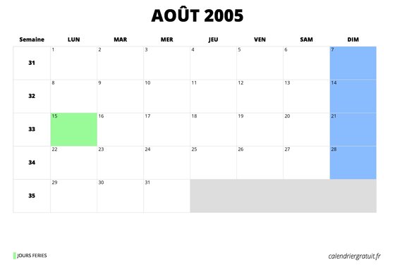 calendrier août 2005 au format paysage
