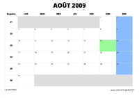 calendrier août 2009 au format paysage