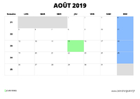 calendrier août 2019 au format paysage
