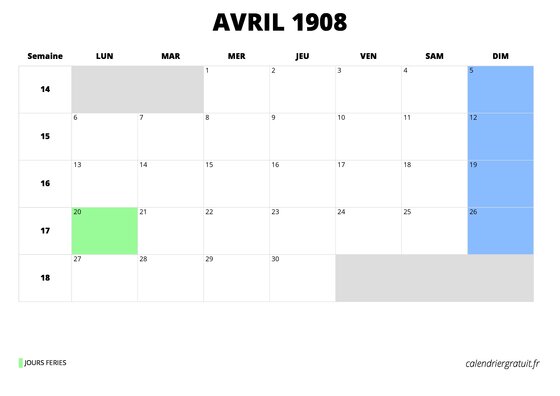 calendrier avril 1908 au format paysage