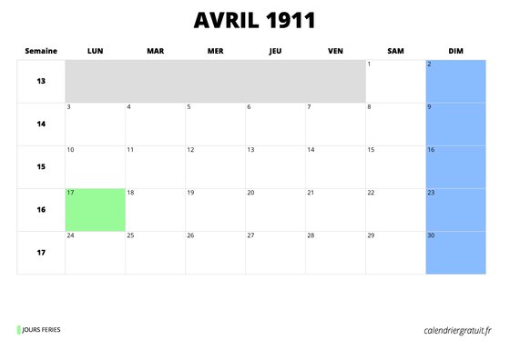 calendrier avril 1911 au format paysage