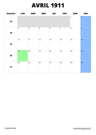 calendrier avril 1911 format portrait