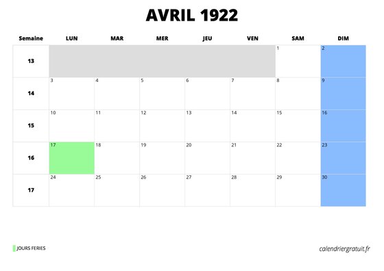 calendrier avril 1922 calendrier avril 1922 au format paysage