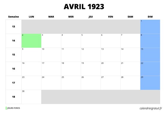 calendrier avril 1923 au format paysage