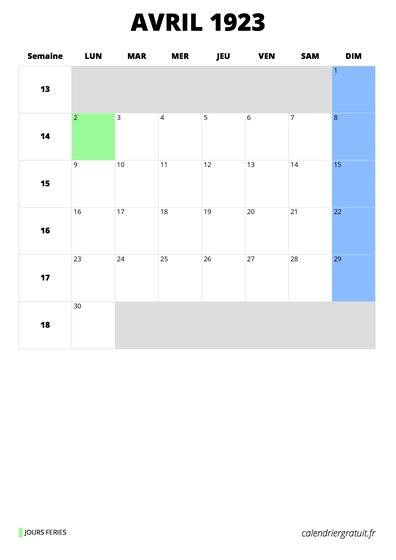 calendrier avril 1923 format portrait