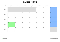 calendrier avril 1927 au format paysage