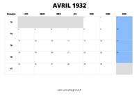 calendrier avril 1932 au format paysage