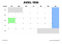 calendrier avril 1936 au format paysage