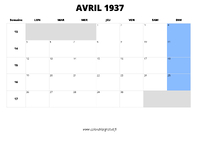 calendrier avril 1937 au format paysage