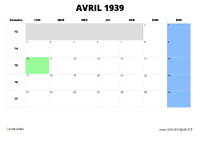 calendrier avril 1939 au format paysage