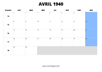 calendrier avril 1940 au format paysage