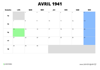 calendrier avril 1941 au format paysage