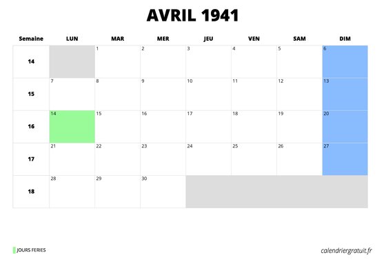 calendrier avril 1941 calendrier avril 1941 au format paysage
