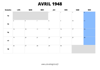 calendrier avril 1948 au format paysage