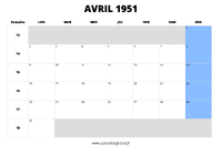 calendrier avril 1951 au format paysage