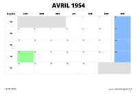 calendrier avril 1954 au format paysage