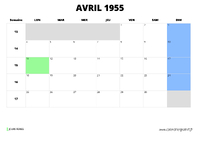 calendrier avril 1955 au format paysage