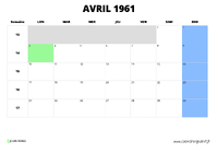 calendrier avril 1961 au format paysage