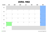 calendrier avril 1962 au format paysage