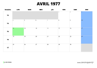 calendrier avril 1977 au format paysage